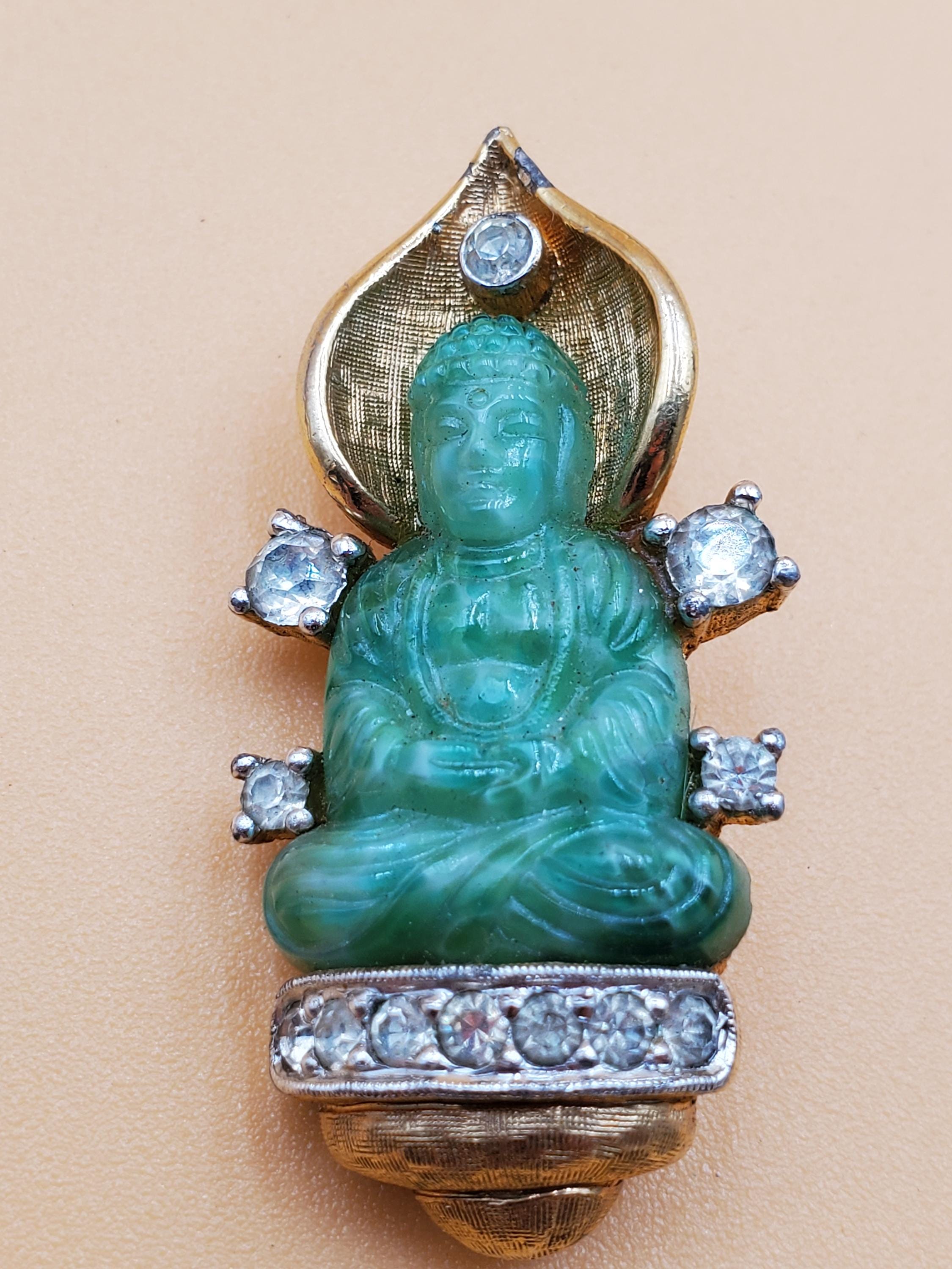 Vintage Unsigned Joseph Mazer Asian Style Faux Jade and Rhinestone