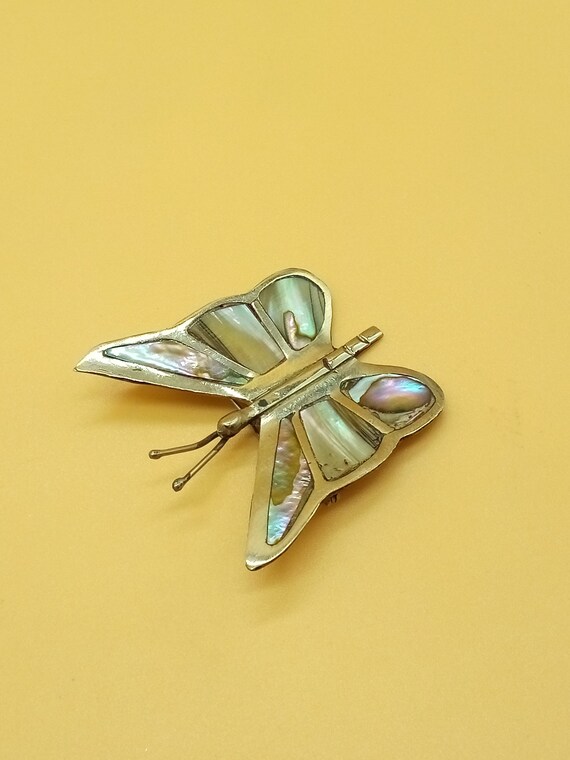 Vintage Mexico silver plated MOP butterfly brooch