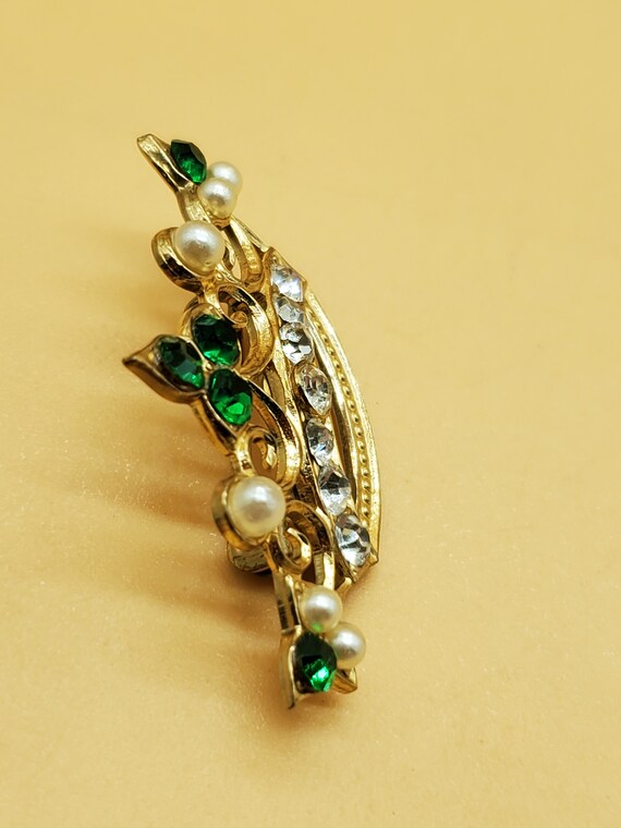 Vintage faux pearl rhinestone crown pin - image 6