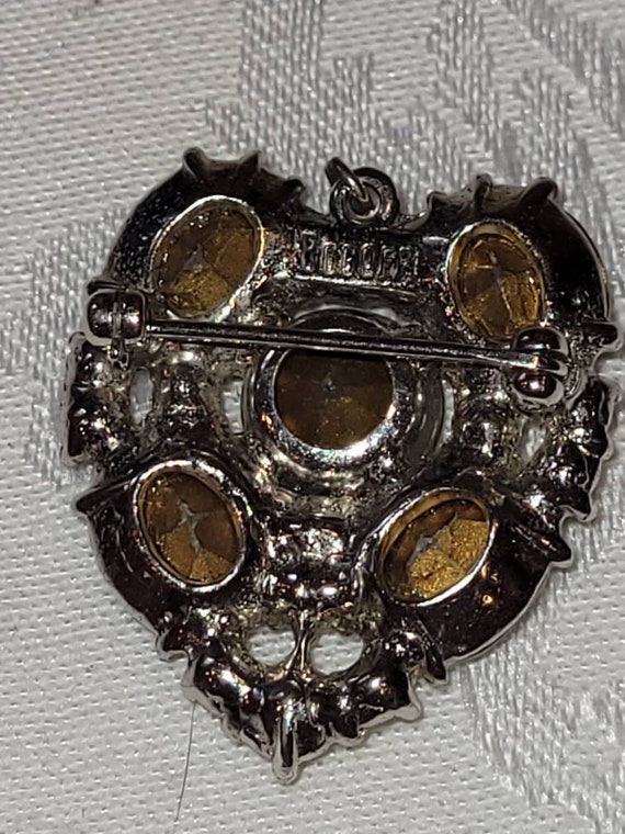 Vintage BOGOFF clear rhinestone heart brooch pend… - image 2