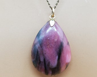 Vintage gold filled chain necklace with pink and black polished rock pendant