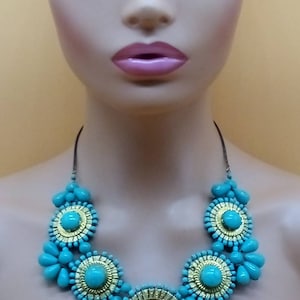 Chunky Turquoise colored beaded bib statement necklace