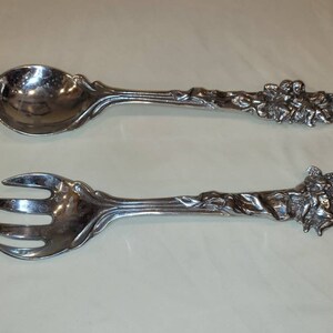 Vintage large pewter Cherub salad serving fork and spoon
