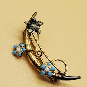 vintage Art Nouveau style crescent moon pin with wire wrapped enamel flowers