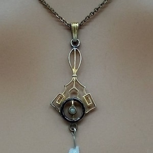 Vintage Art Nouveau gold filled dainty necklace with enamel accented pendant