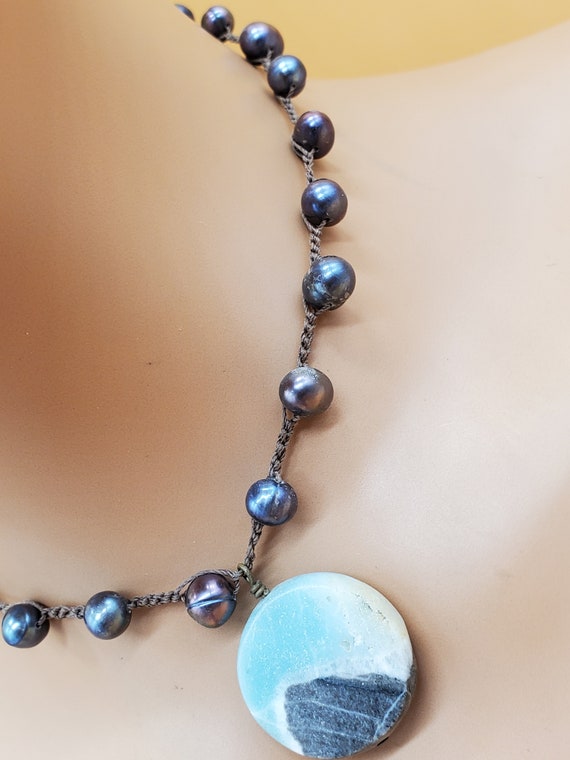 Vintage BOHO chic black pearl necklace with quart… - image 4