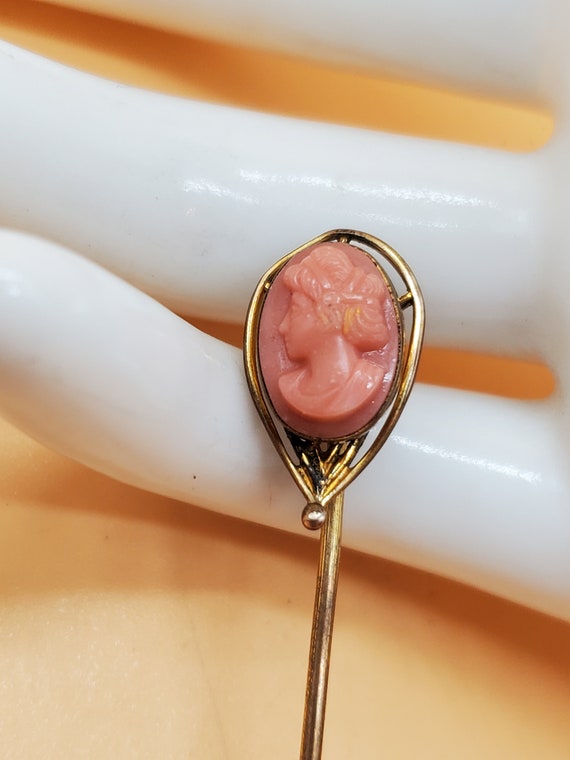 Art Nouveau carved salmon coral Cameo stick pin - image 4