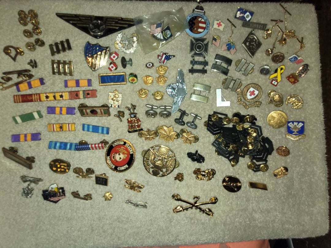 Vintage Military Pins Medals Awards, Lot of 114 Pieces of Military and