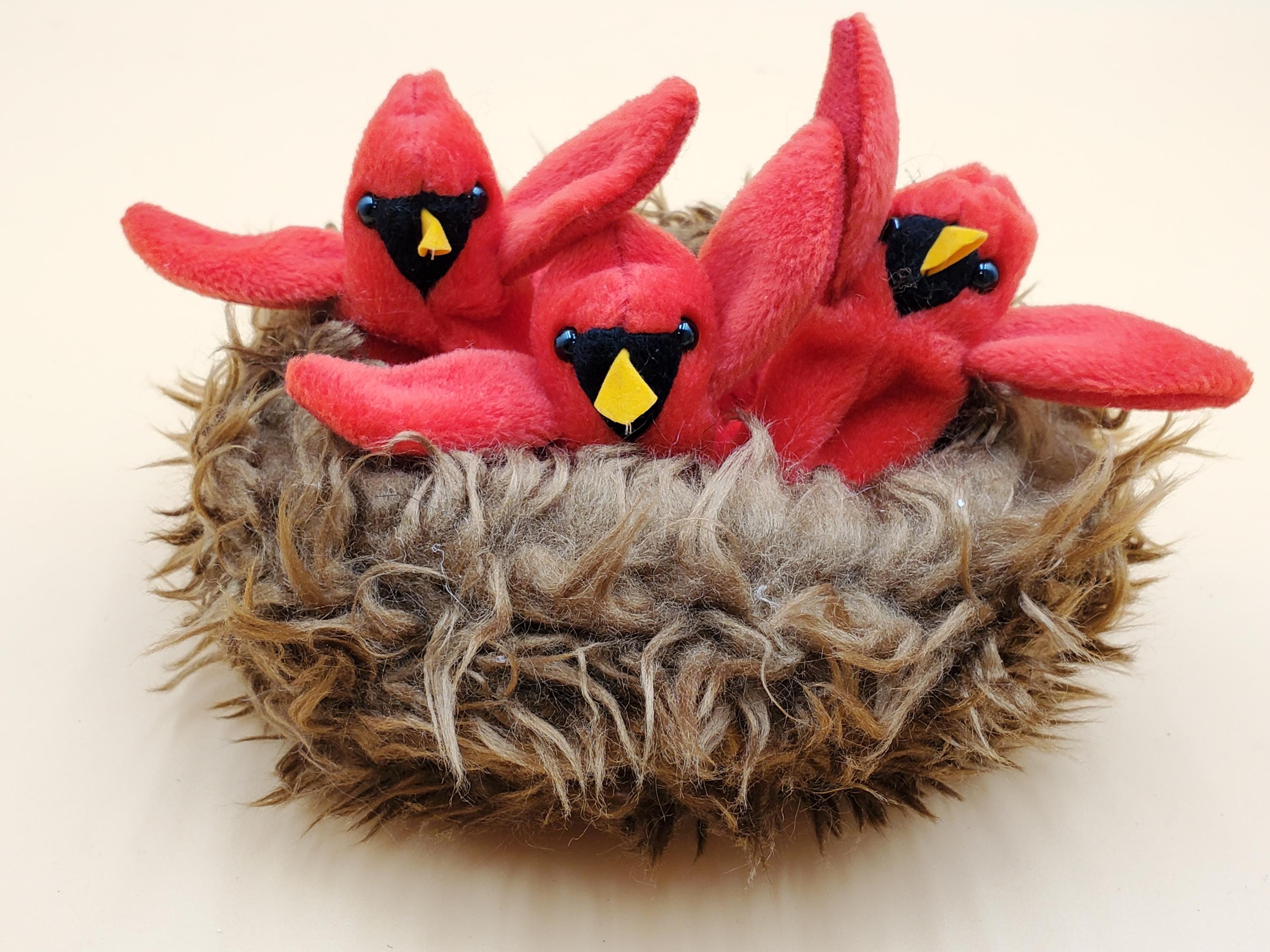 Vintage Folkmanis Plush 3 Baby Cardinal Birds in Nest Finger Hand