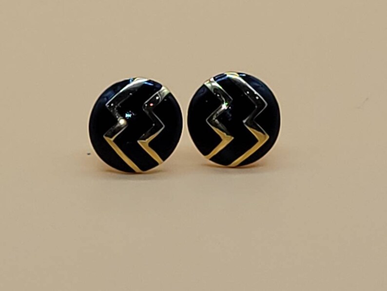 Vintage Monet black enamel and gold design clip on earrings image 9