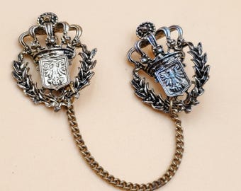 vintage Crown and eagle crest shield chained double brooch