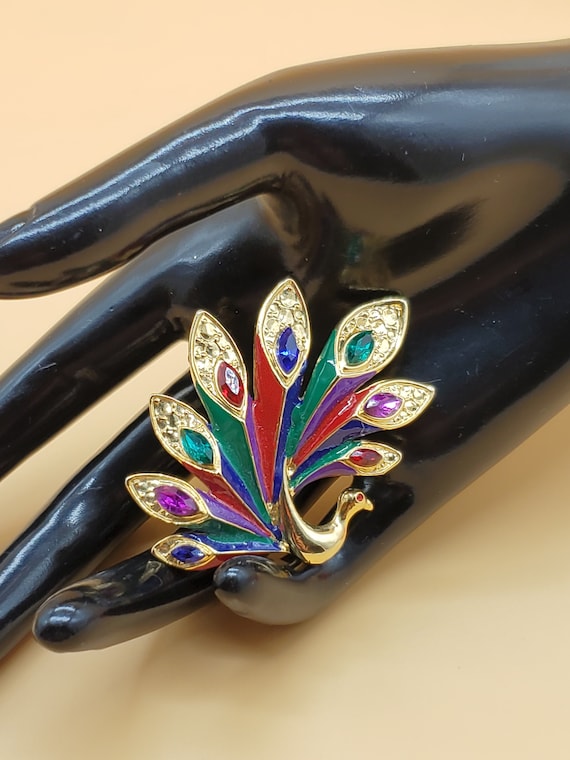 vintage enamel rhinestone colorful Peacock brooch