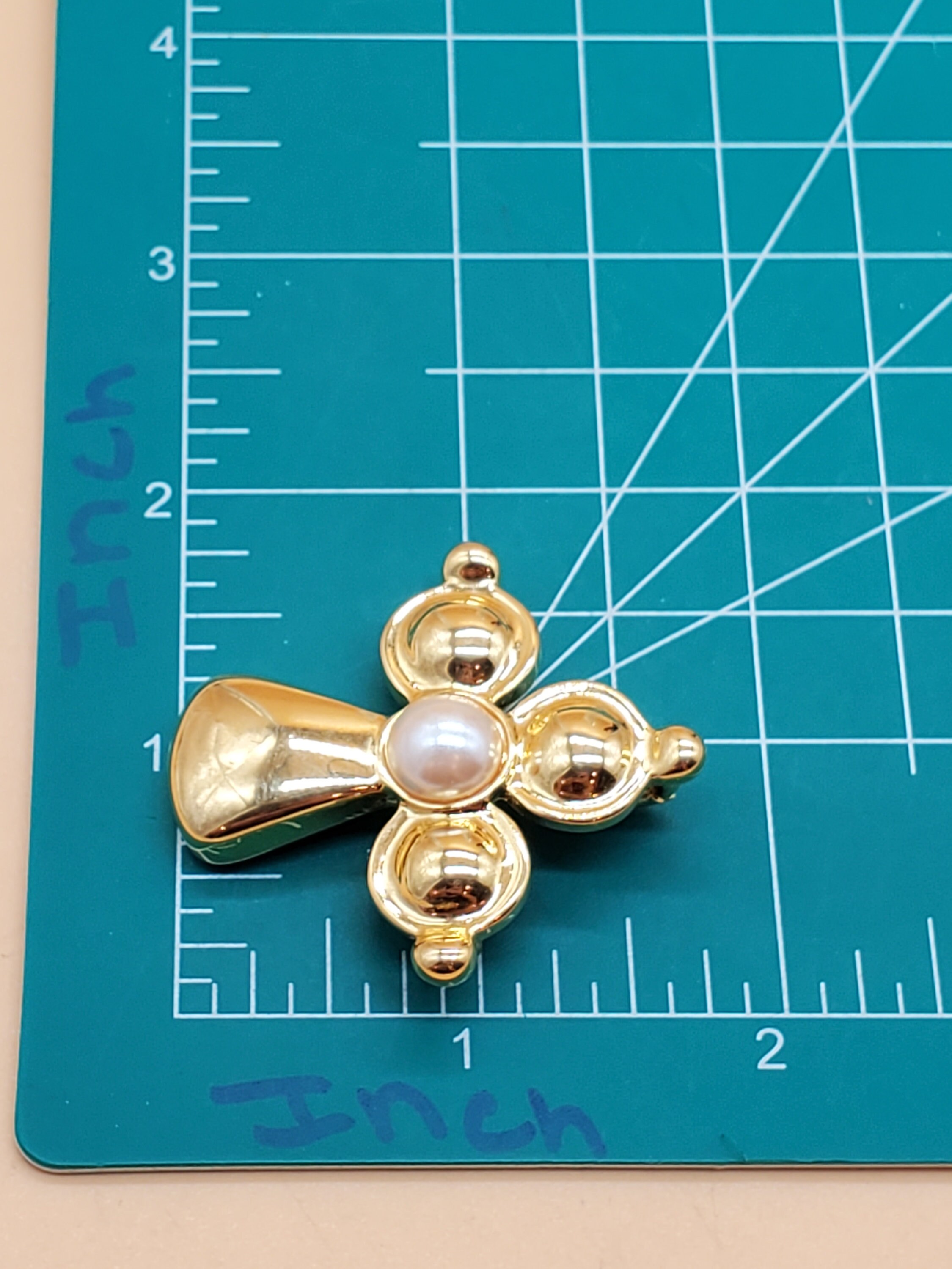 Vintage PD Premier Design Gold Tone Cross Pendant With Faux Pearl 