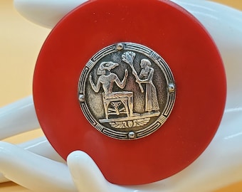 Vintage Egyptian revival red resin silver button Hieroglyphics brooch