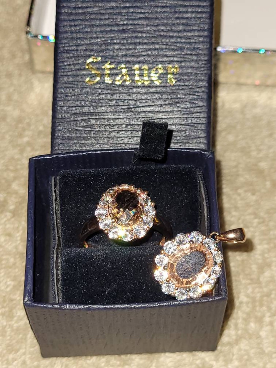 Stauer Sterling Silver Rose Gold Tone Ring and Pendant With Champagne ...