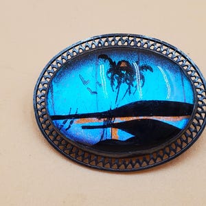 vintage Sterling Blue Morpho butterfly wing tropical beach scene brooch