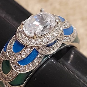Hidalgo Sterling Silver CZ ring with green and blue enameling