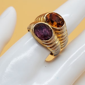 Vintage large purple and yellowish rhinestone Etruscan style cocktail ring