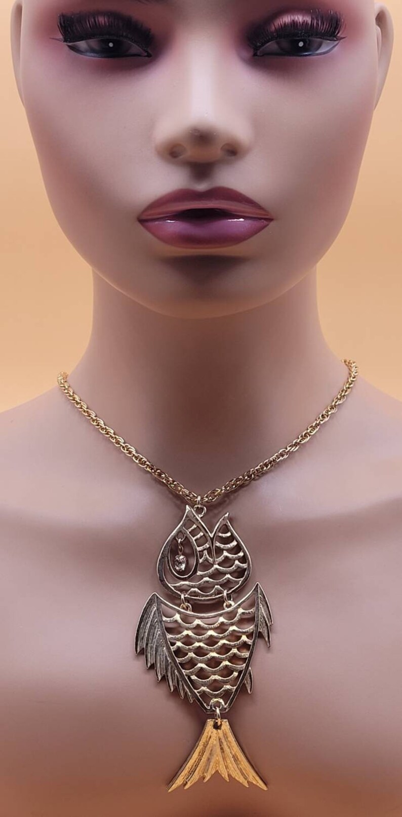 Vintage XL Articulated Fish Pendant Necklace With Large Clear ...