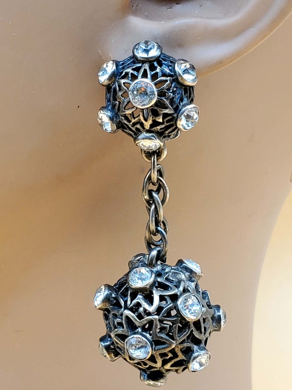 Vintage openwork sterling silver clear stones dis… - image 1