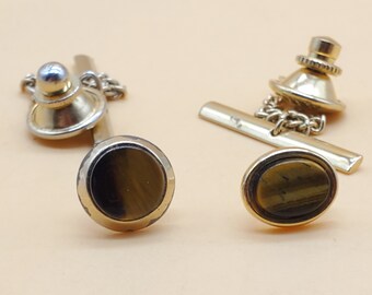 Épingle De Cravate En Œil De Tigre Brun Cabochon Tortue Avec Chaîne - Occasion Vintage