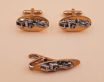 Vintage Speidel gold tone cufflinks set with silver tone Earth Mover Heavy Equipment tops