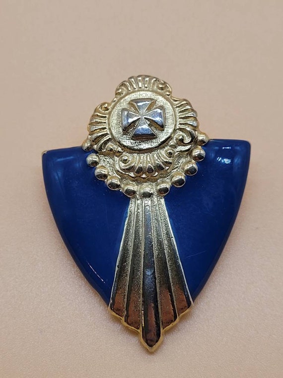 Vintage blue enamel shield with gold Maltese cros… - image 1