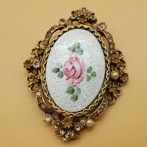 vintage ART signed gillouche enamel rose brooch with clear rhinestones and faux pearl accents