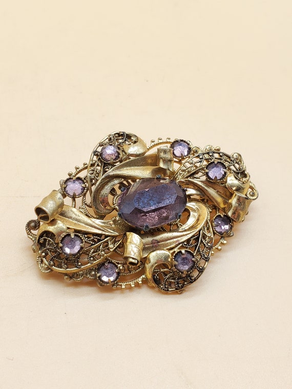 Vintage Brass Tone Filigree Brooch With Purple Stones - Etsy
