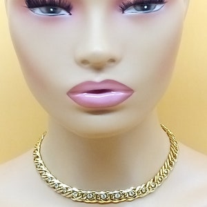 Vintage heavy gold plated chain choker necklace with clear rhinestone accents