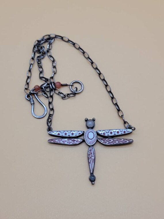 Sterling poly clay rose quartz dragonfly necklace - image 2