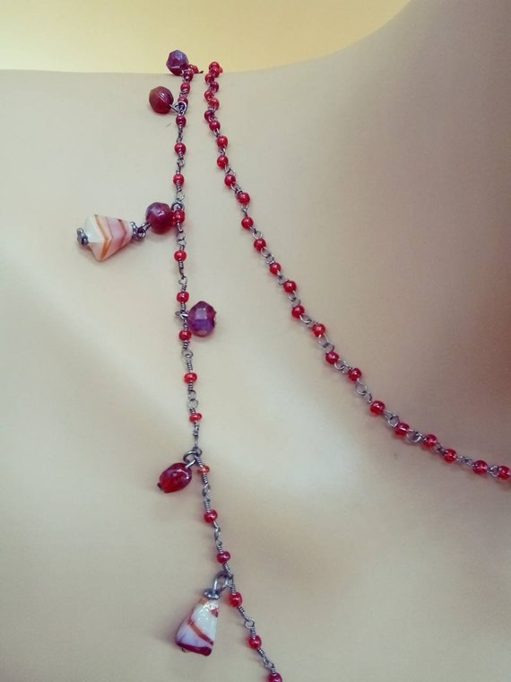 Vintage XL double strand red glass beaded chain n… - image 9