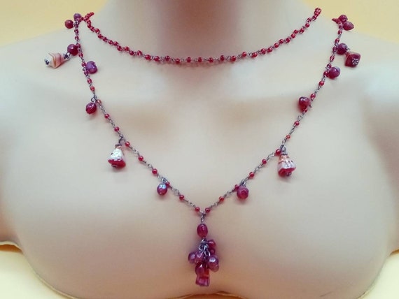 Vintage XL double strand red glass beaded chain n… - image 1