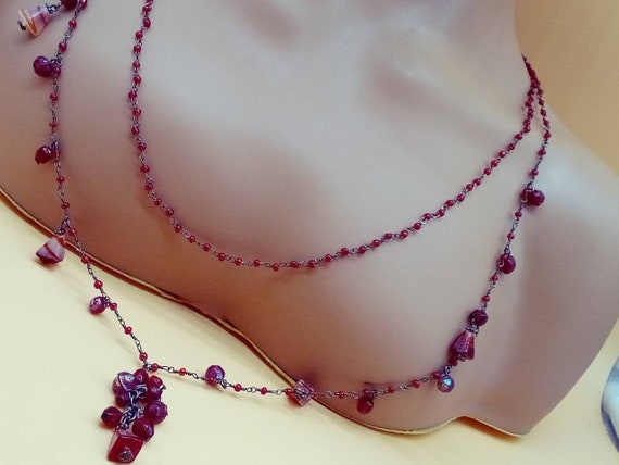 Vintage XL double strand red glass beaded chain n… - image 6