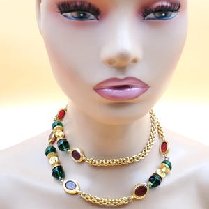 vintage 1980&#39;s Chanel gold tone chain necklace with green and red glass accents