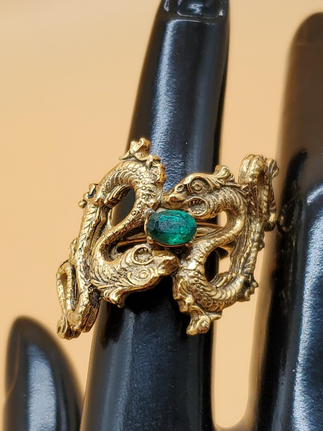 Two Dragon Rings Vintage Gold Tone Double Dragon Ring With Green Stone - Etsy
