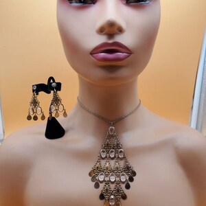 Vintage gold tone clear stone diamond panel pendant with matching earrings