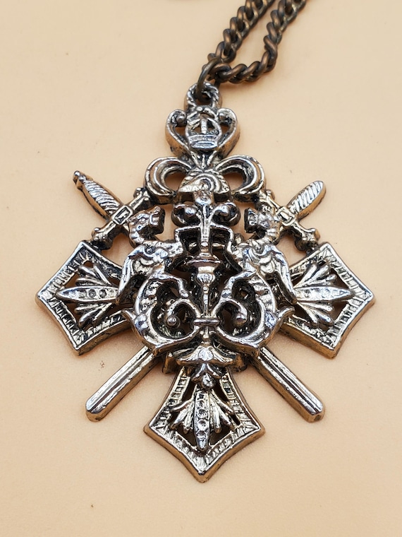 vintage Germany chain necklace with Heraldic crossed swords crest shield pendant
