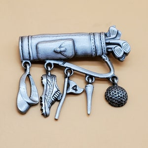 Vintage JJ pewter tone gold bag brooch with dangling golf charms