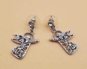 vintage silver tone clear rhinestone dangling angel earrings