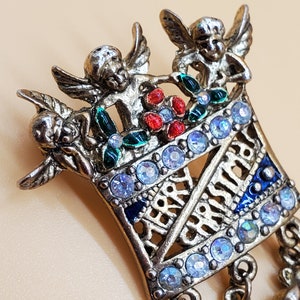 Vintage enamel rhinestone Merry Christmas charm brooch
