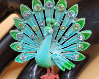 Vintage enamel rhinestone Peacock brooch