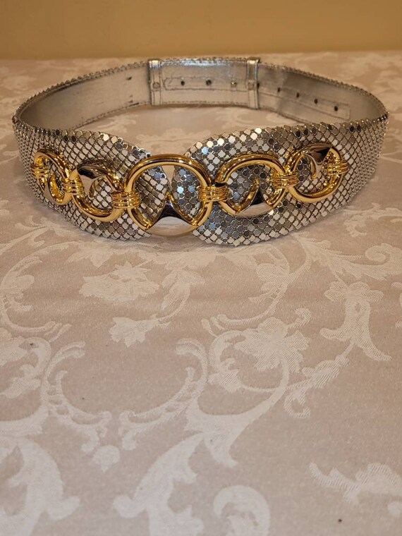 Retro Vintage Thick Silver Tone Metal Mesh Belt With Gold  display picture 3