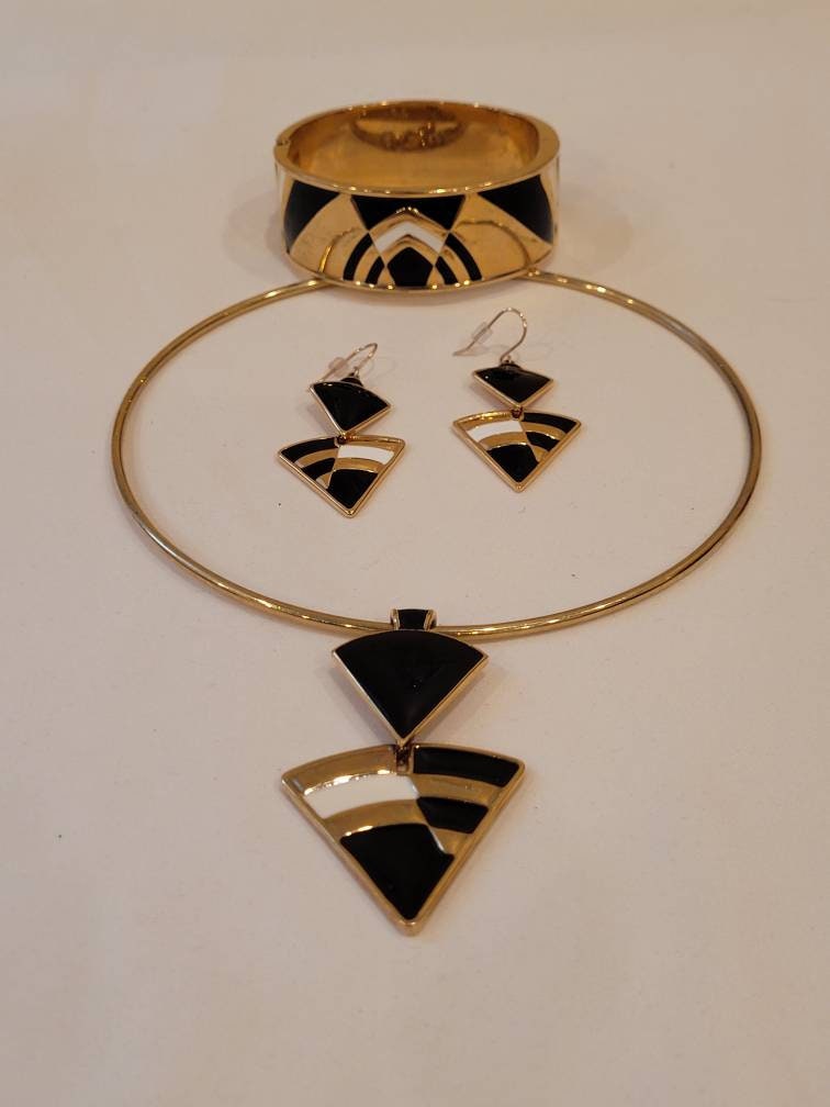 70s vintage gold orange black enamel necklace - Shop panic