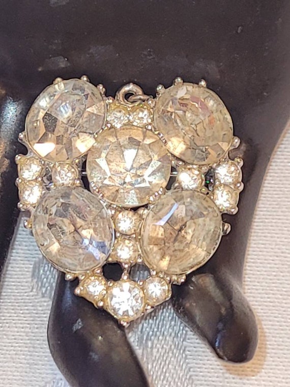 Vintage BOGOFF clear rhinestone heart brooch pend… - image 1