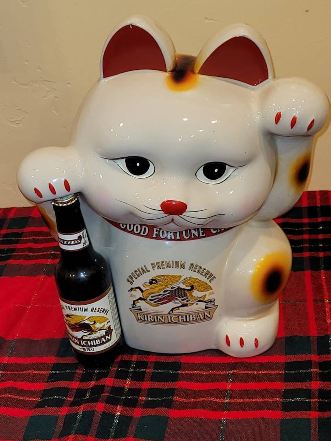 激レア招き猫 貯金箱 KIRINラガーノベルティ 左手ビール Vintage XXL Ceramic Porcelain Maneki-neko Cat Advertising Kirin