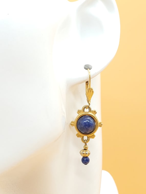 Vintage matte gold tone faux Lapis dangling pierce