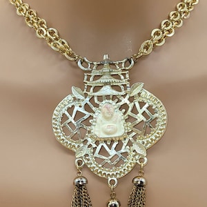 Vintage eclectic double chain necklace large Buddha pendant with dangling tassels