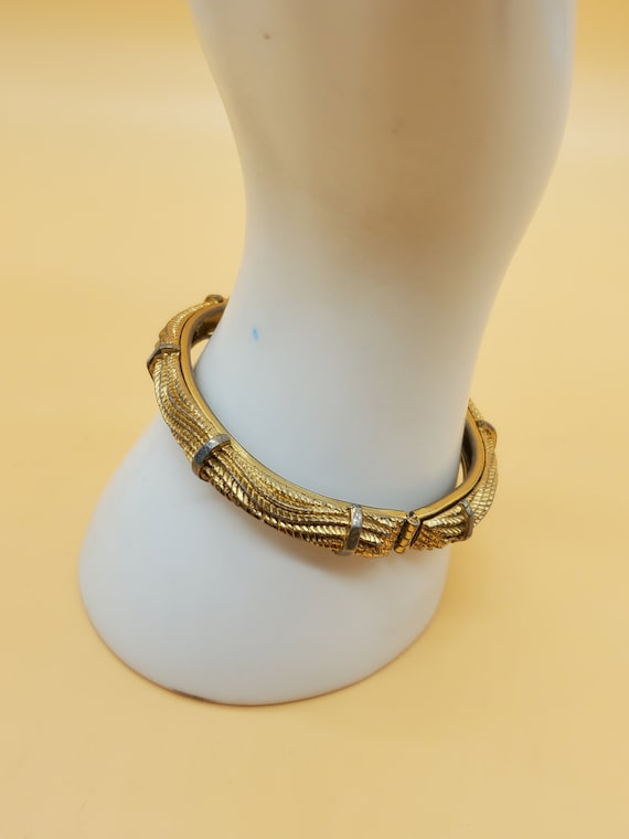 vintage textured gold tone hinged bracelet with s… - image 2