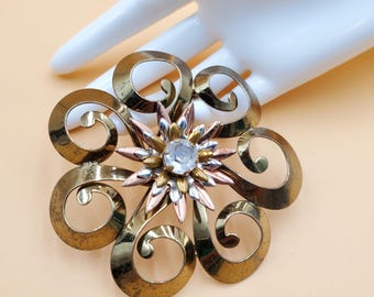 Vintage XXL mixed metal floral brooch with large stone center